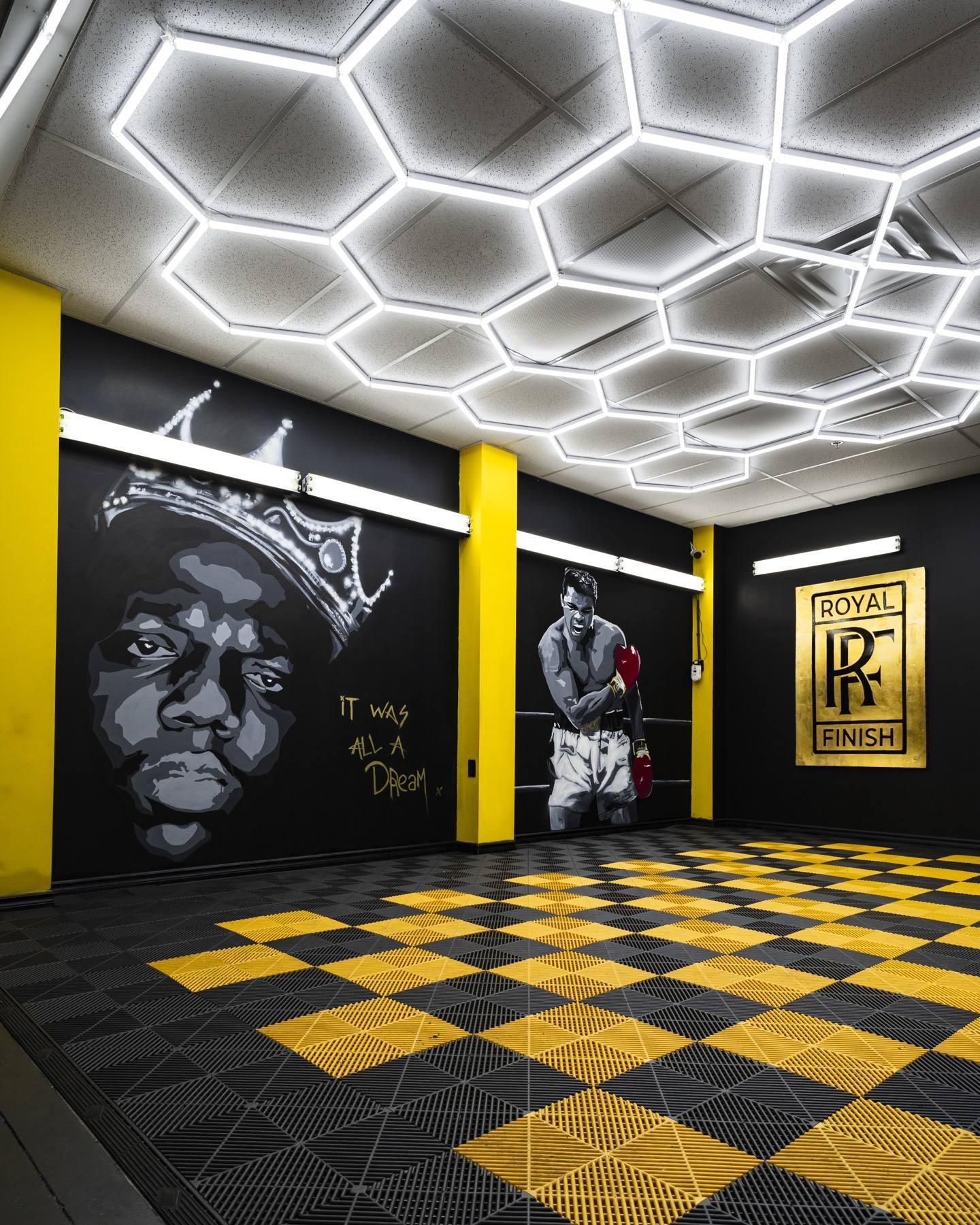 Royal Finish shop — hex lighting and gold checkered floor